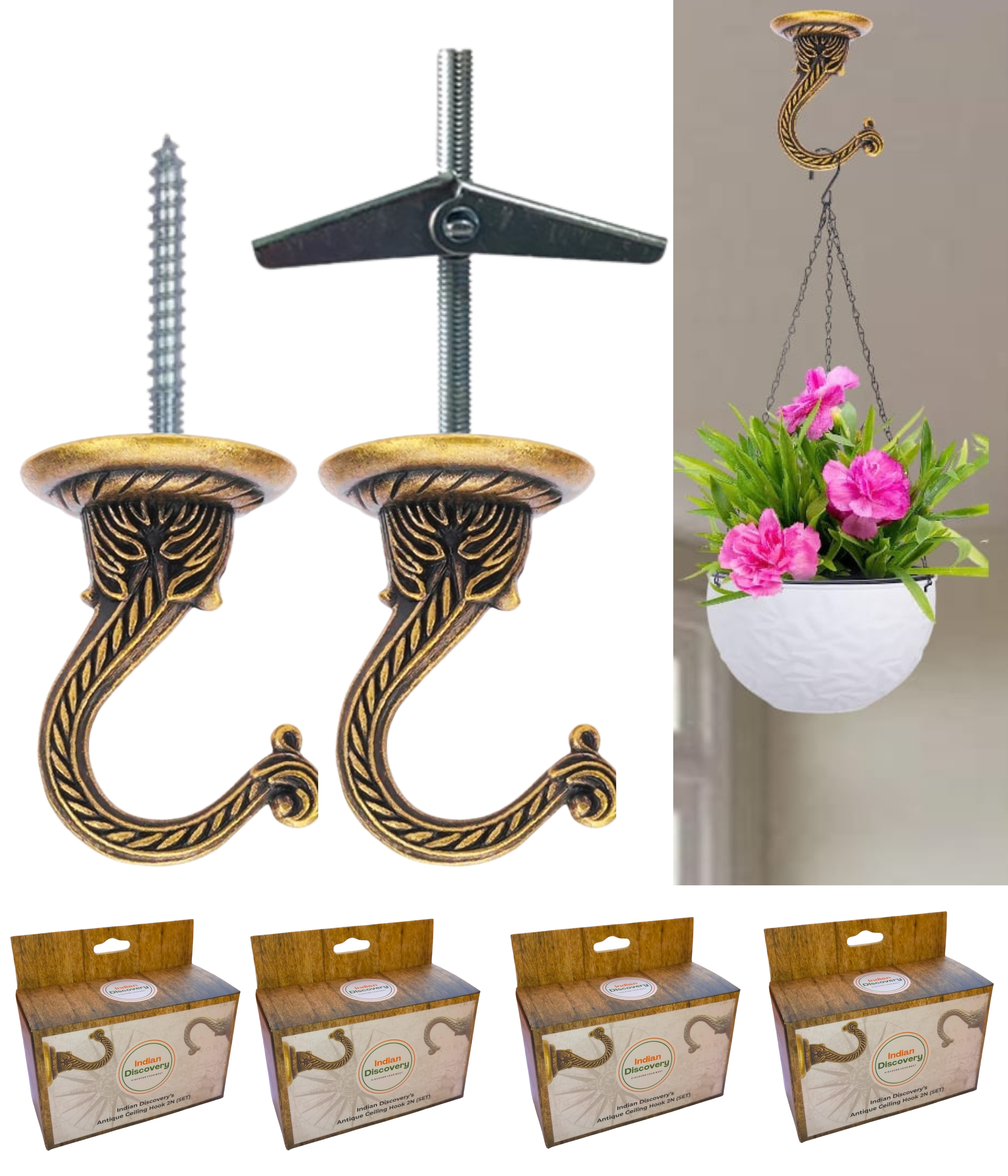Antique Brass Ceiling Hooks for Planters & Lamps