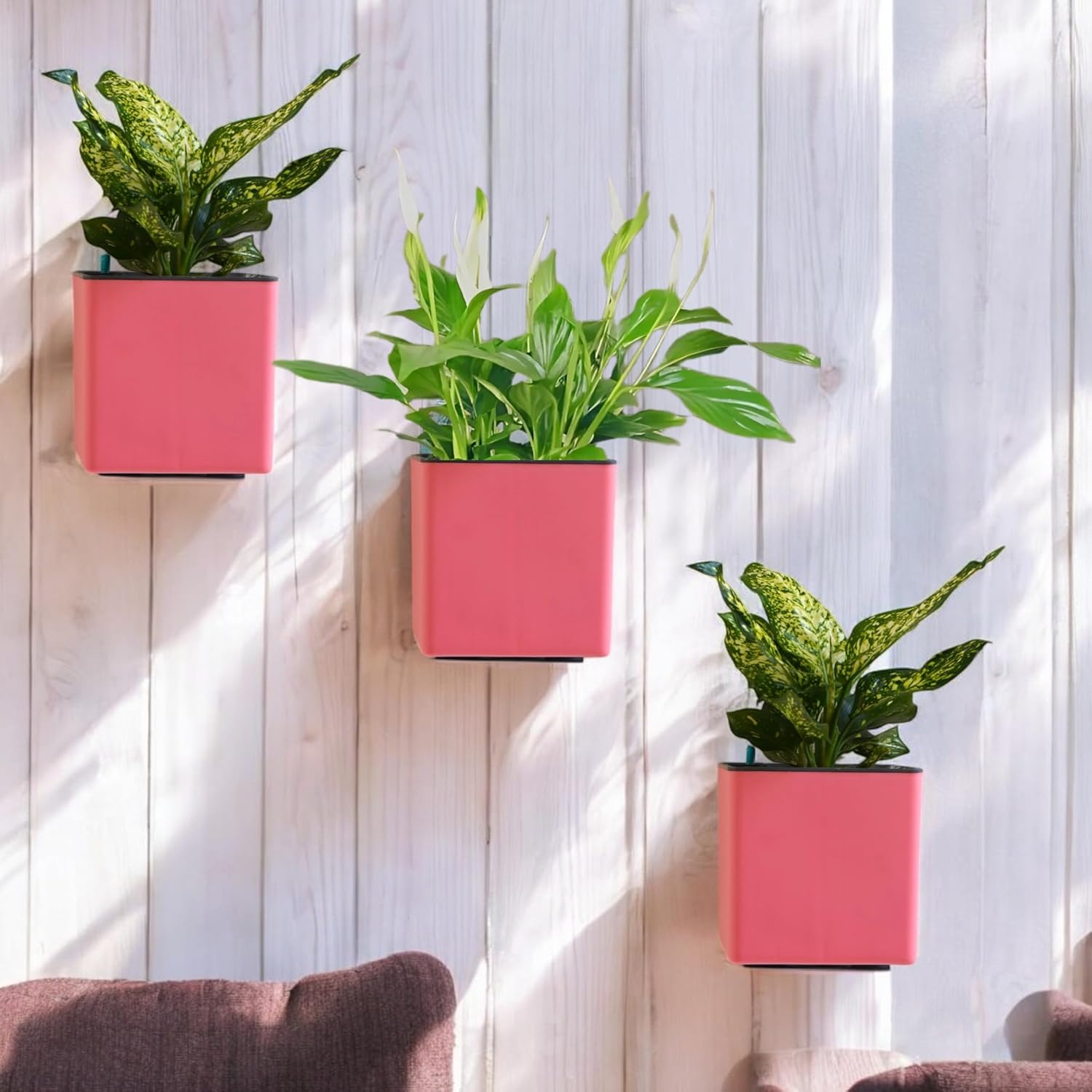 Indian Discovery Self-Watering Wall Hanging Planters (2 Pcs, Baby Pink, Square) | UV-Resistant Hanging Pots with Stand | Plastic Planters for Balcony, Living Room, Home Décor & Gardening