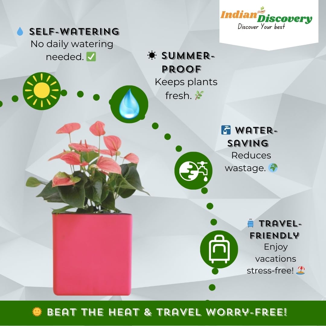 Indian Discovery Self-Watering Wall Hanging Planters (2 Pcs, Baby Pink, Square) | UV-Resistant Hanging Pots with Stand | Plastic Planters for Balcony, Living Room, Home Décor & Gardening