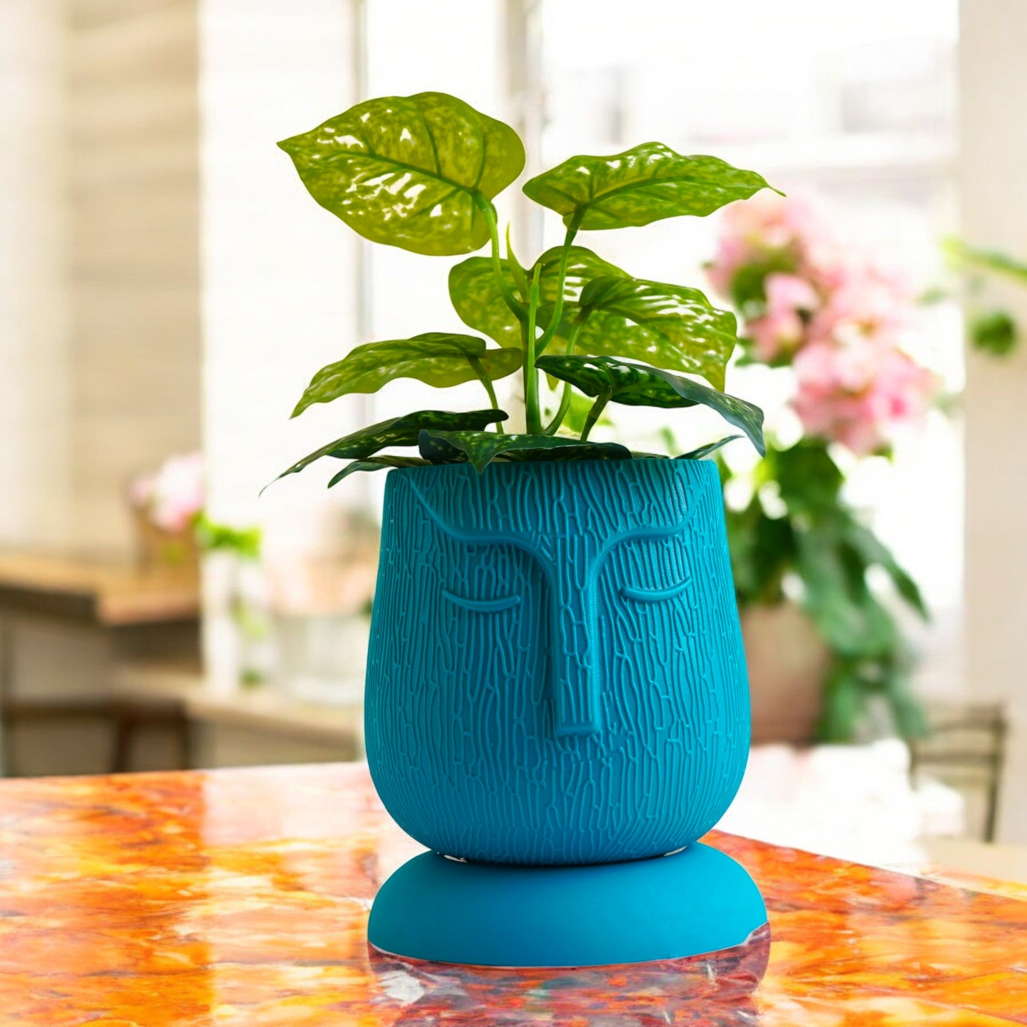 Artistic Sea Green Self Watering Face Craft Planter - 1PC