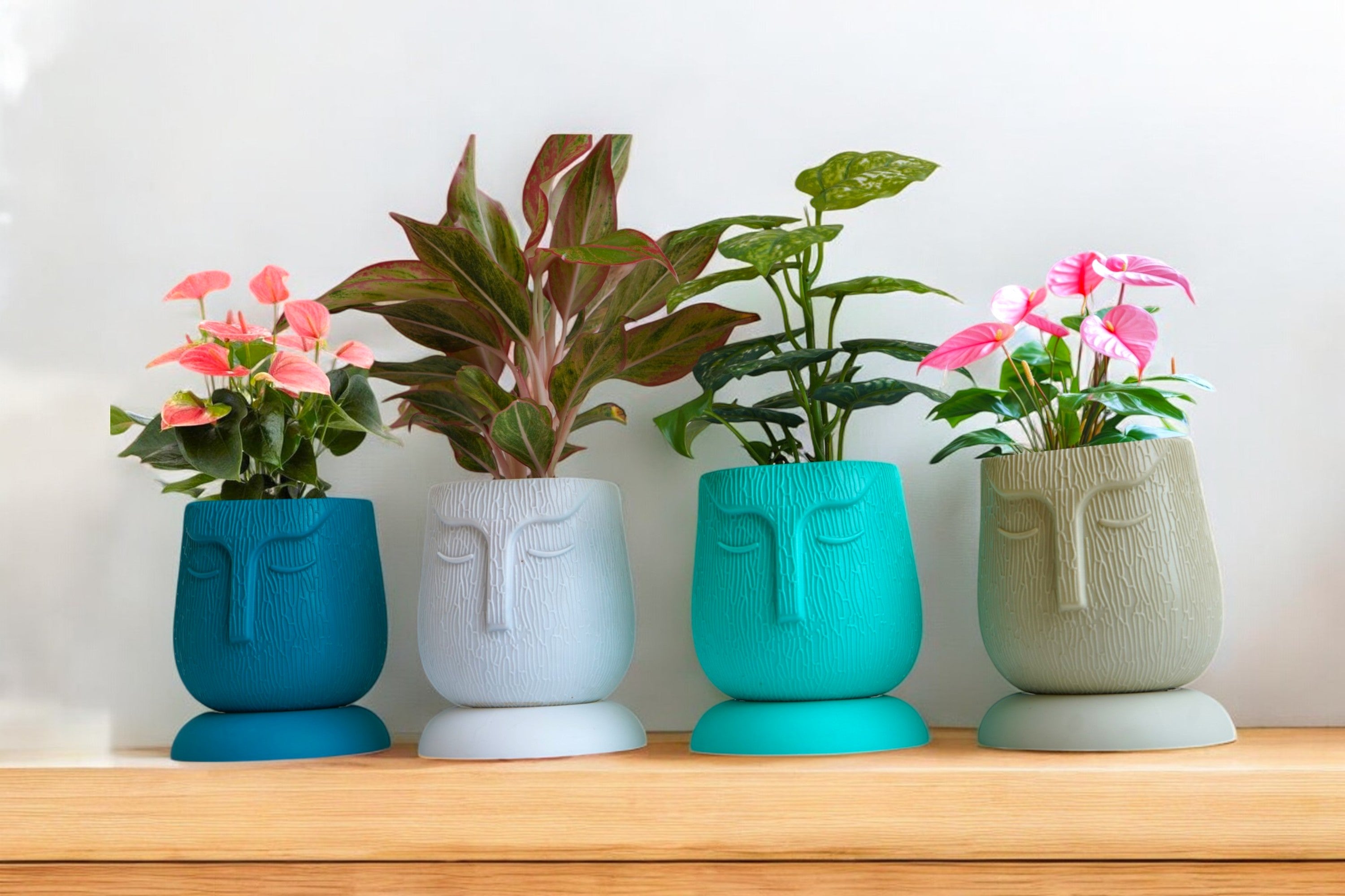 Artistic Multi-Color Face Craft Self Watering Planters- 4PC