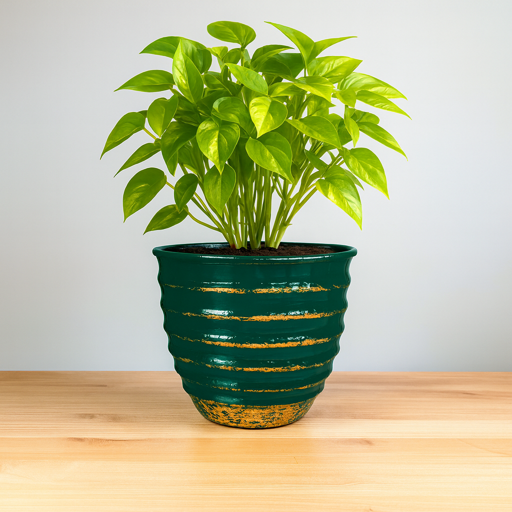 Elegant Green & Gold Striped Metal Planter for Indoor & Outdoor Décor