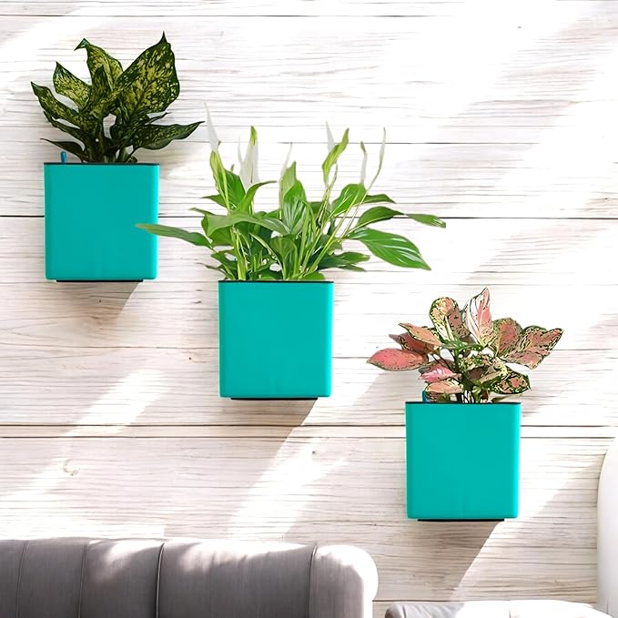 Indian Discovery Self-Watering Wall Hanging Planters (1 Pcs, Peacock Green, Square) | UV-Resistant Hanging Pots with Stand | Plastic Planters for Balcony, Living Room, Home Décor & Gardening