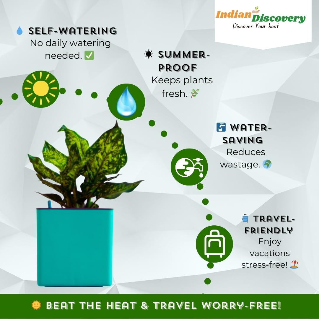 Indian Discovery Self-Watering Wall Hanging Planters (1 Pcs, Peacock Green, Square) | UV-Resistant Hanging Pots with Stand | Plastic Planters for Balcony, Living Room, Home Décor & Gardening