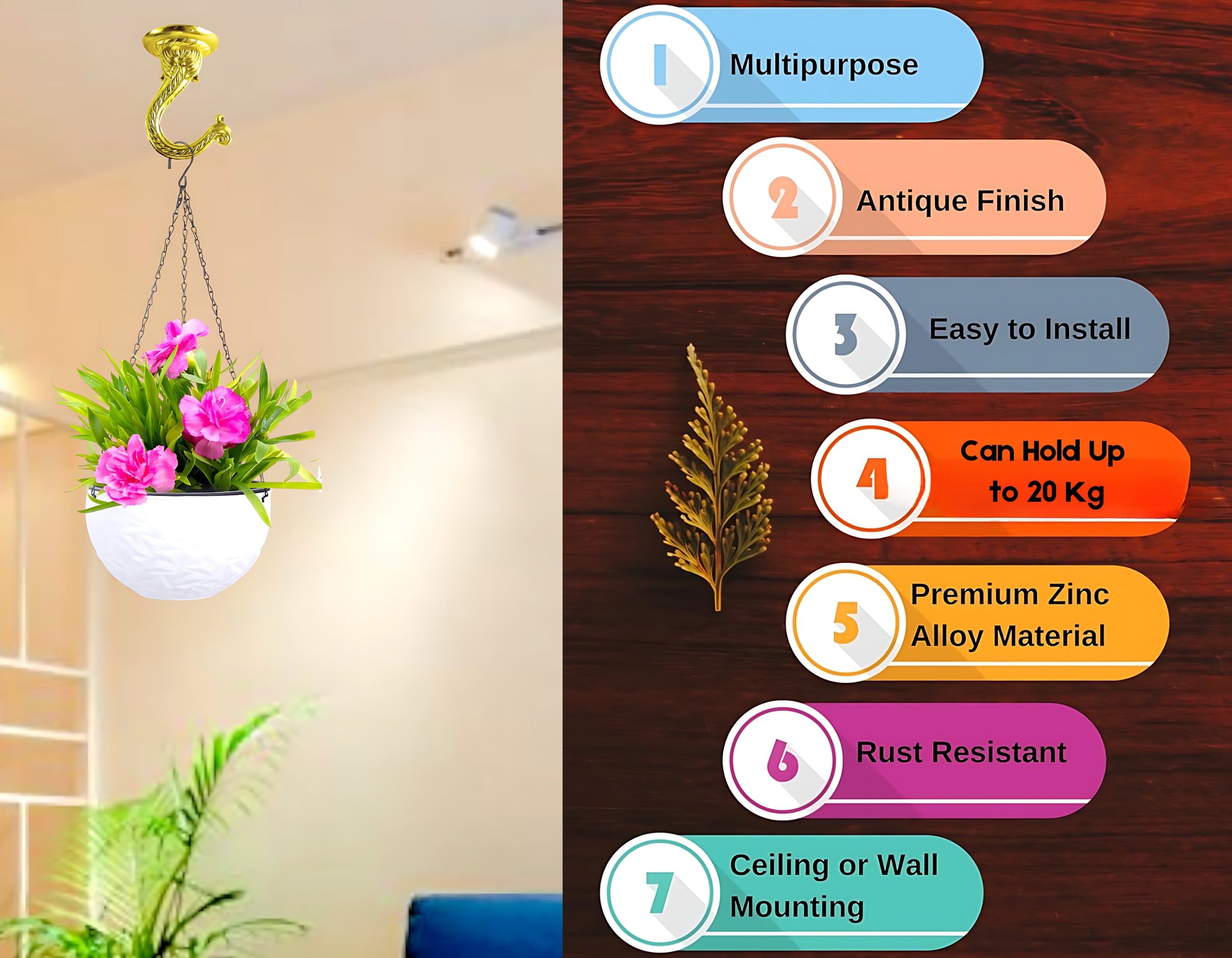 Royal Brass Ceiling Hooks for Planters & Lamps