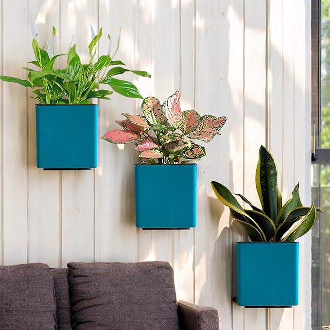 Indian Discovery Self-Watering Wall Hanging Planters (1 Pcs, Sea Green, Square) | UV-Resistant Hanging Pots with Stand | Plastic Planters for Balcony, Living Room, Home Décor & Gardening