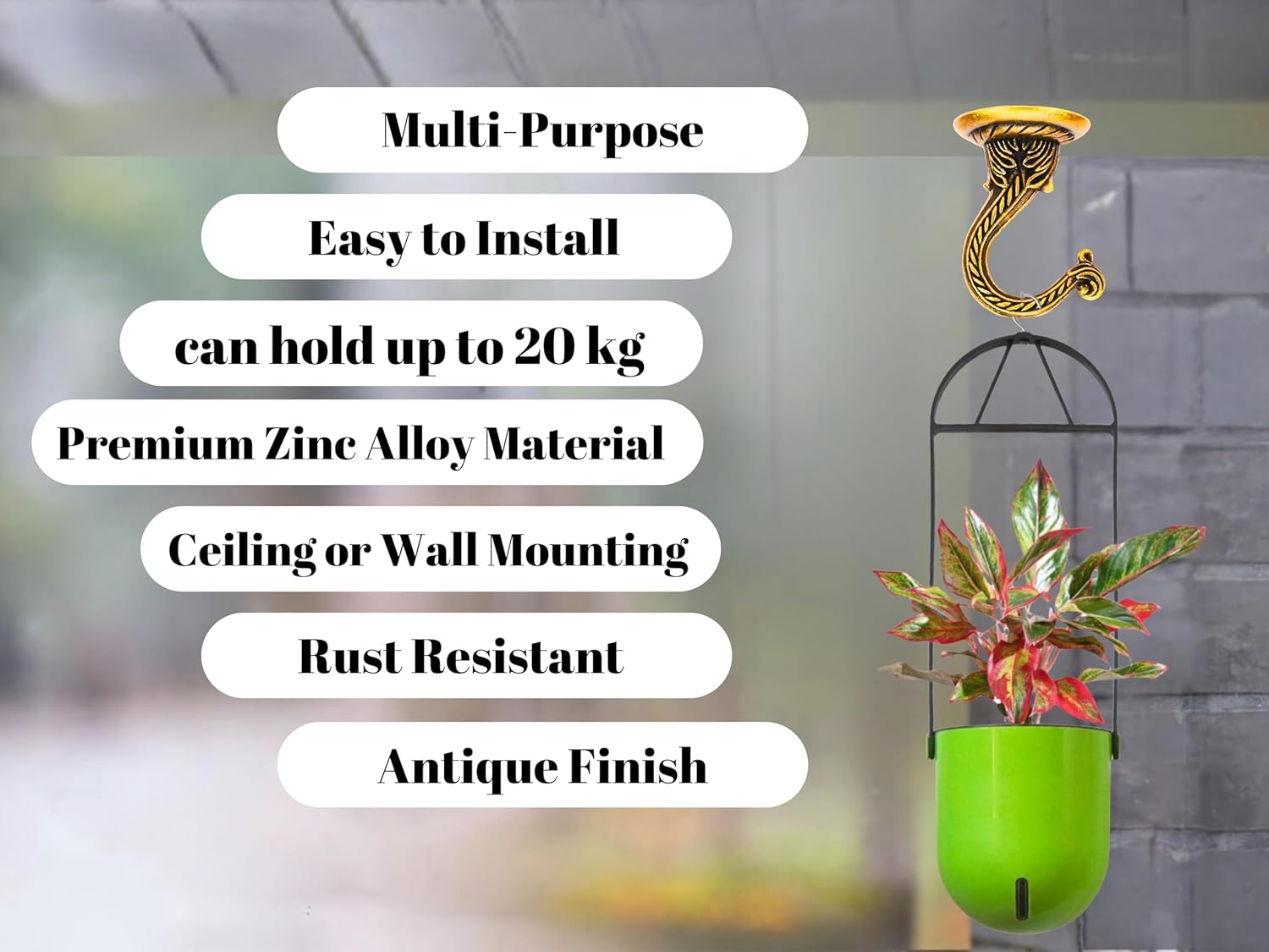 Antique Brass Ceiling Hooks for Planters & Lamps