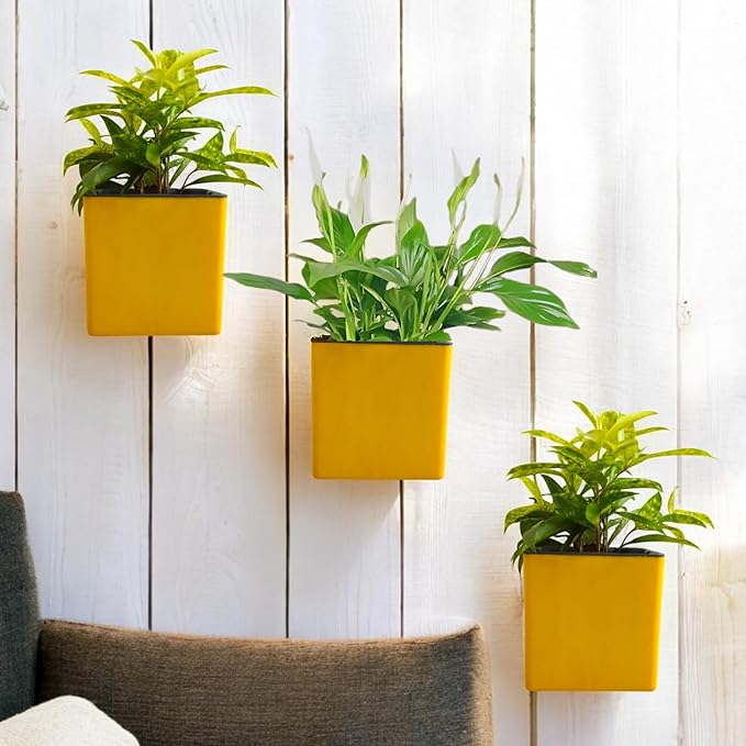 Indian Discovery Self-Watering Wall Hanging Planters (2 Pcs, Yellow, Square) | UV-Resistant Hanging Pots with Stand | Plastic Planters for Balcony, Living Room, Home Décor & Gardening