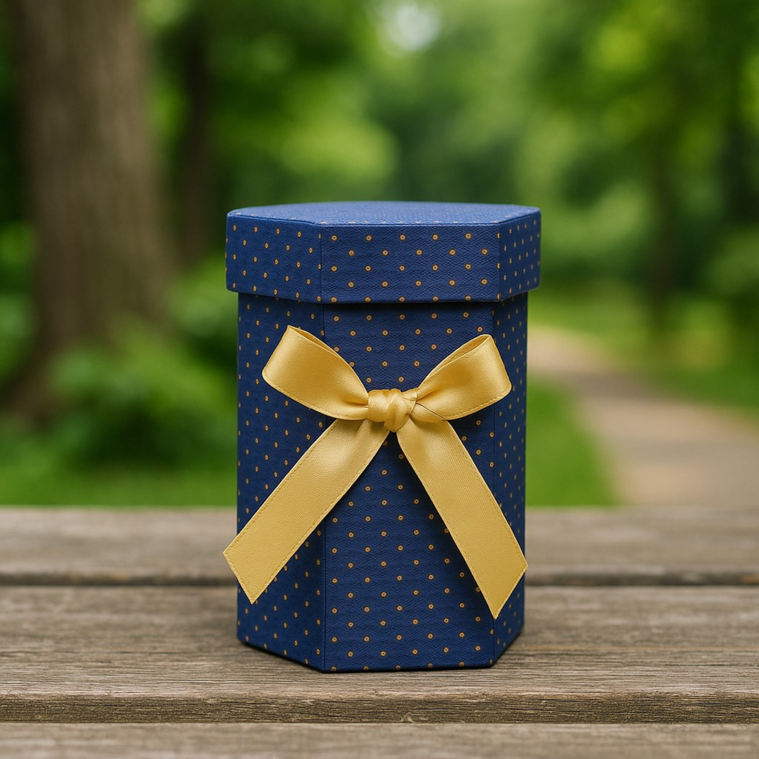 Hexagon Gift Box with Golden Bow – Navy Blue