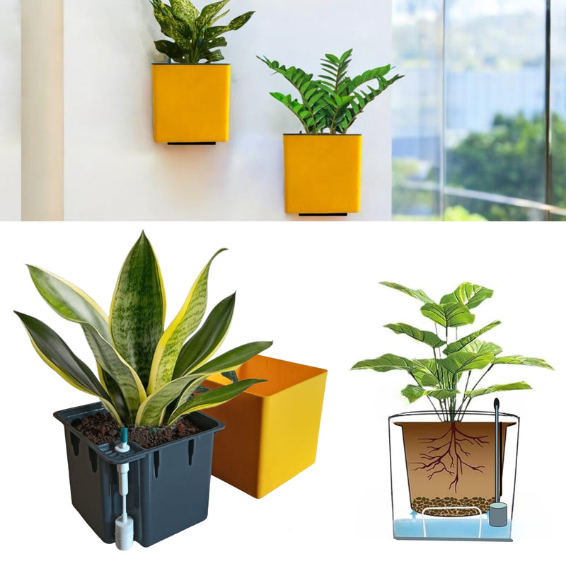 Indian Discovery Self-Watering Wall Hanging Planters (1 Pcs, Yellow, Square) | UV-Resistant Hanging Pots with Stand | Plastic Planters for Balcony, Living Room, Home Décor & Gardening