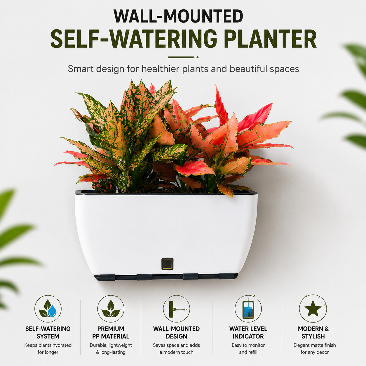 Rectangular Self-Watering Wall Planter - White
