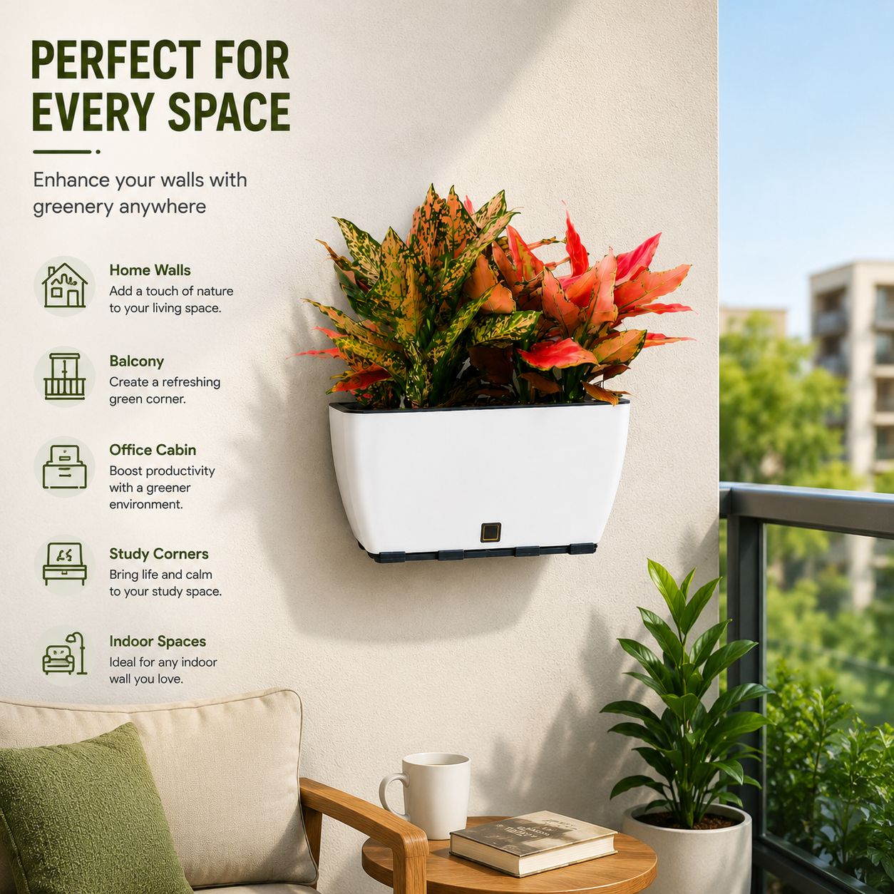 Rectangular Self-Watering Wall Planter - White