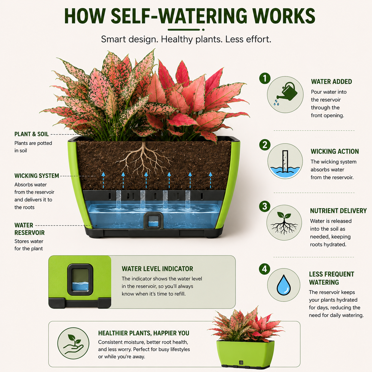 Rectangular Self-Watering Wall Planter - Green