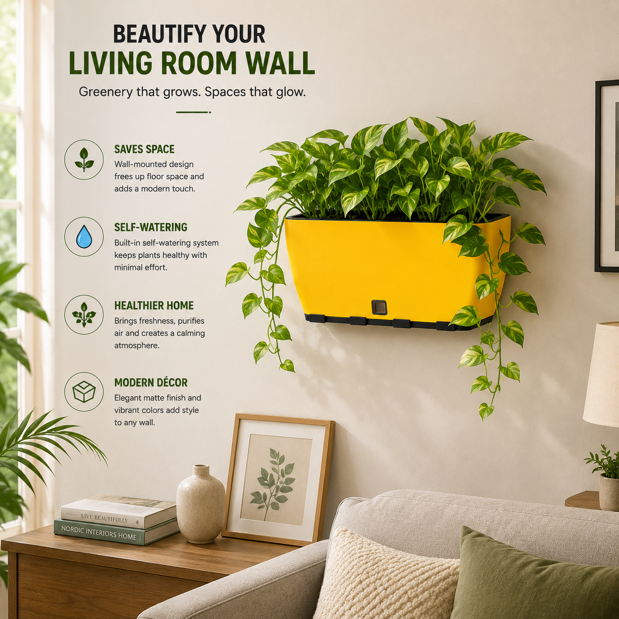 Rectangular Self-Watering Wall Planter - Yellow