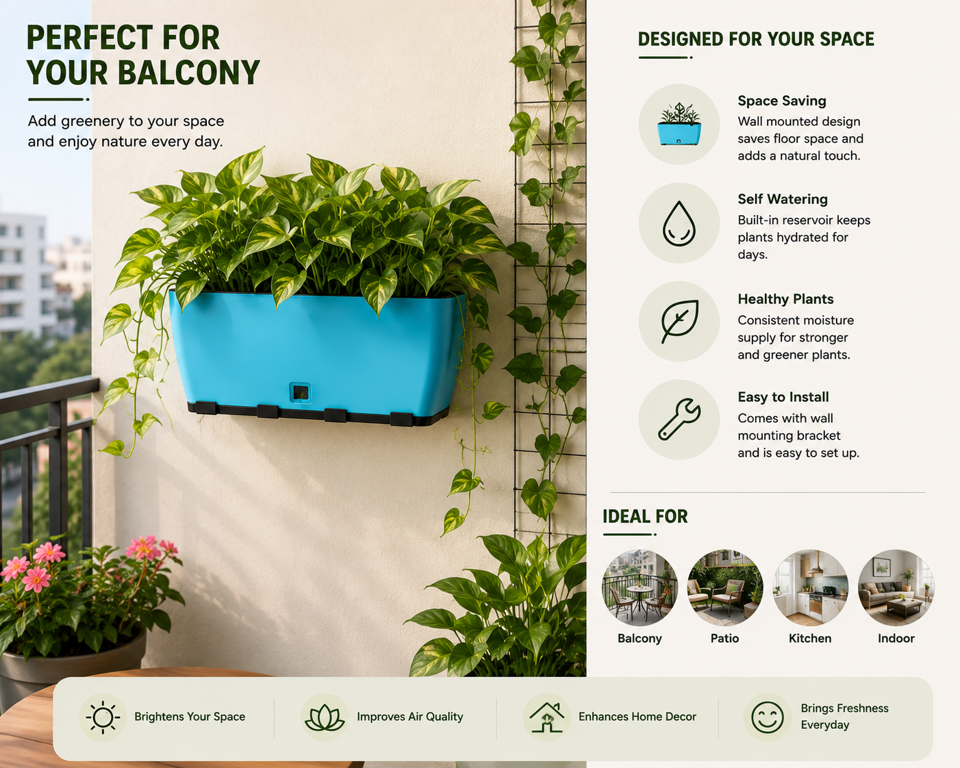 Rectangular Self-Watering Wall Planter - Sea Green