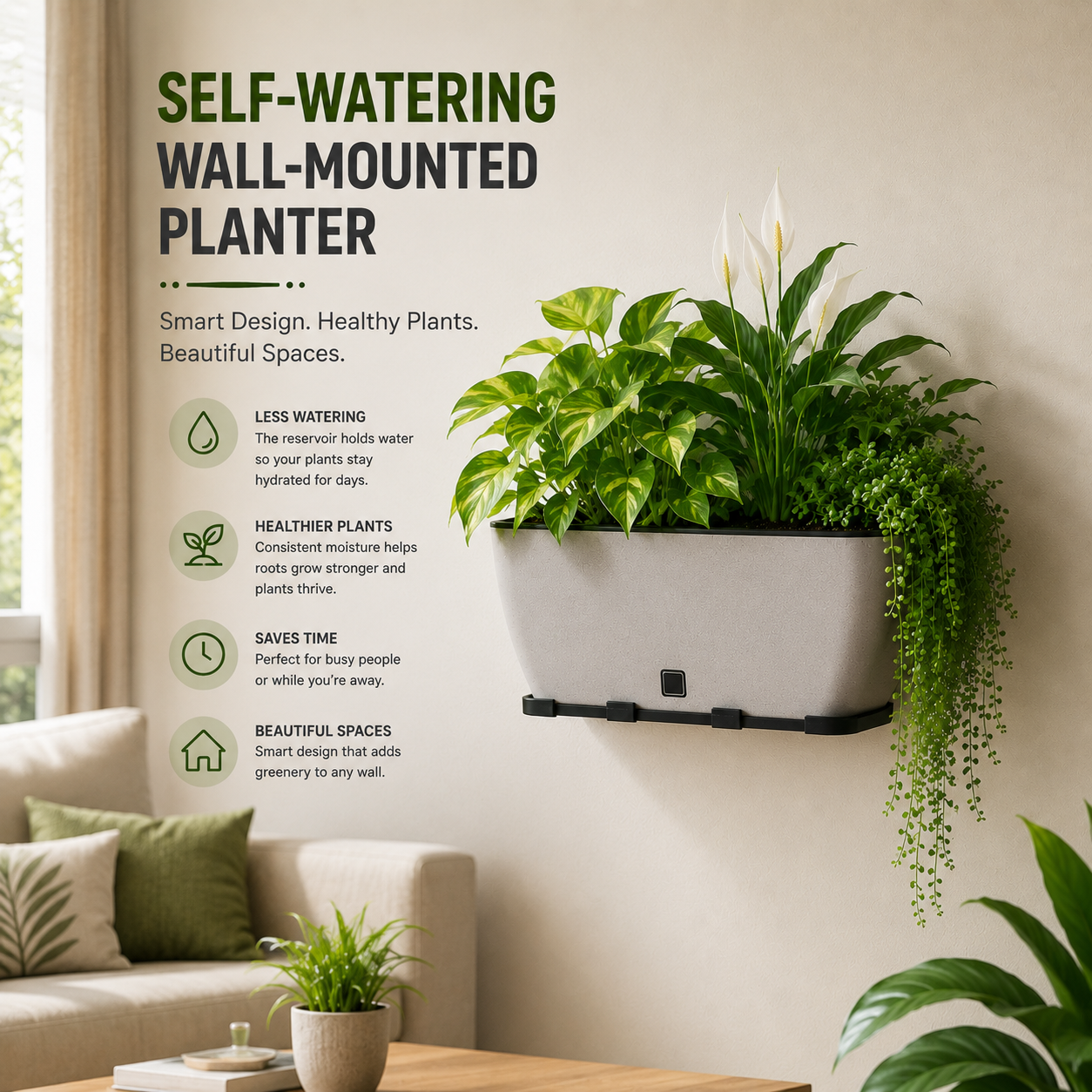 Rectangular Self-Watering Wall Planter - Stone Gray