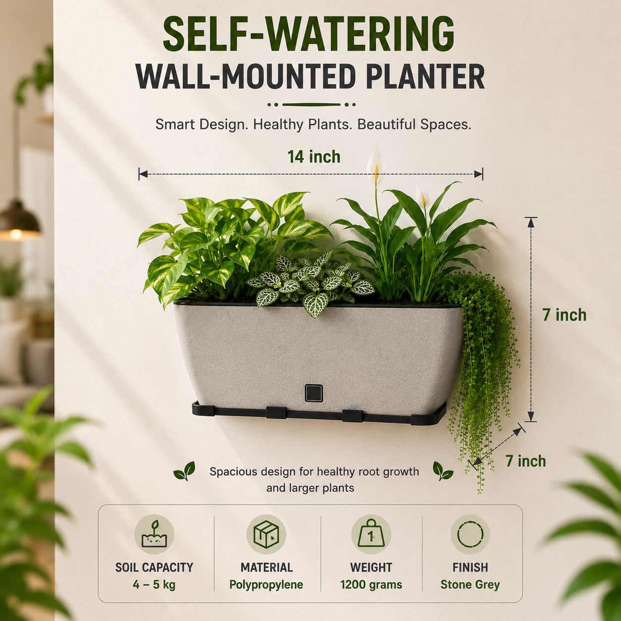 Rectangular Self-Watering Wall Planter - Stone Gray