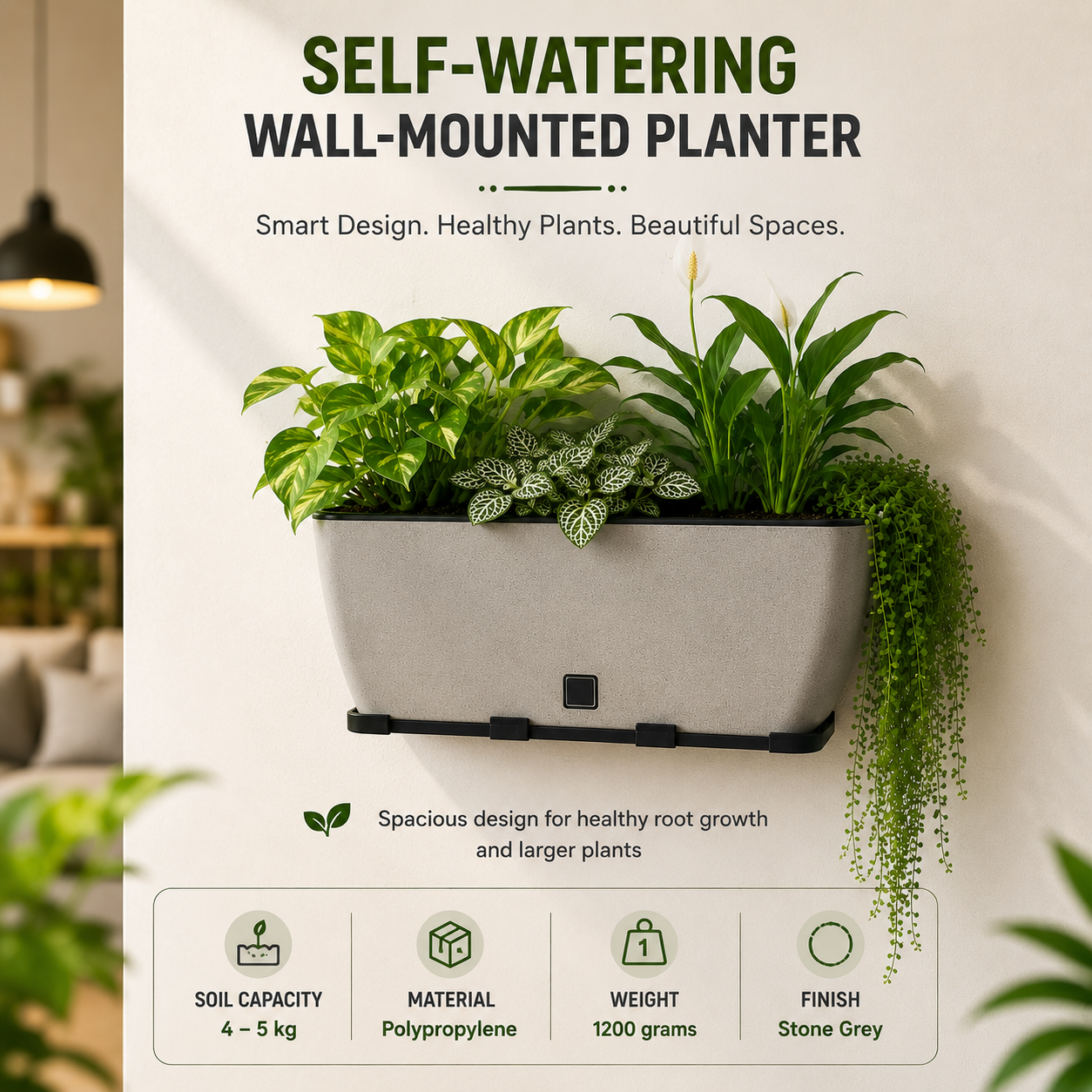 Rectangular Self-Watering Wall Planter - Stone Gray