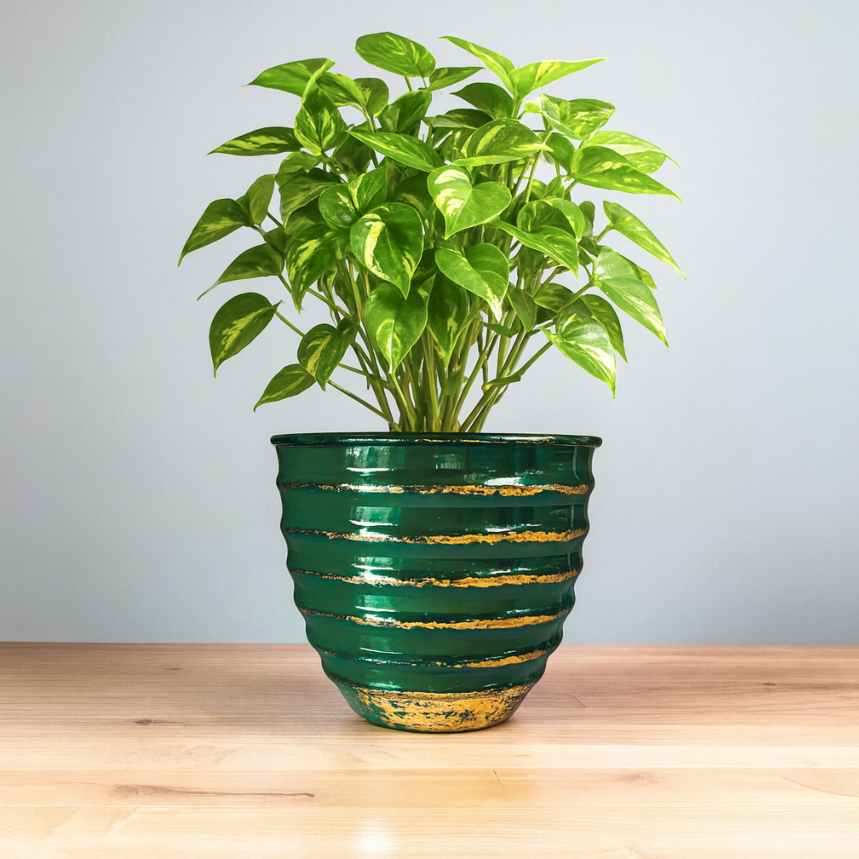 Elegant Green & Gold Striped Metal Planter for Indoor & Outdoor Décor