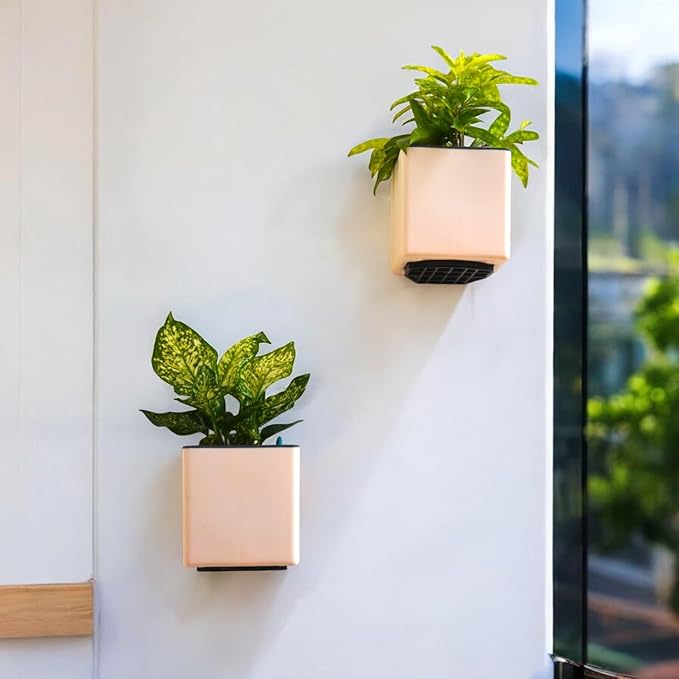 Indian Discovery Self-Watering Wall Hanging Planters (2 Pcs, Peach, Square) | UV-Resistant Hanging Pots with Stand | Plastic Planters for Balcony, Living Room, Home Décor & Gardening