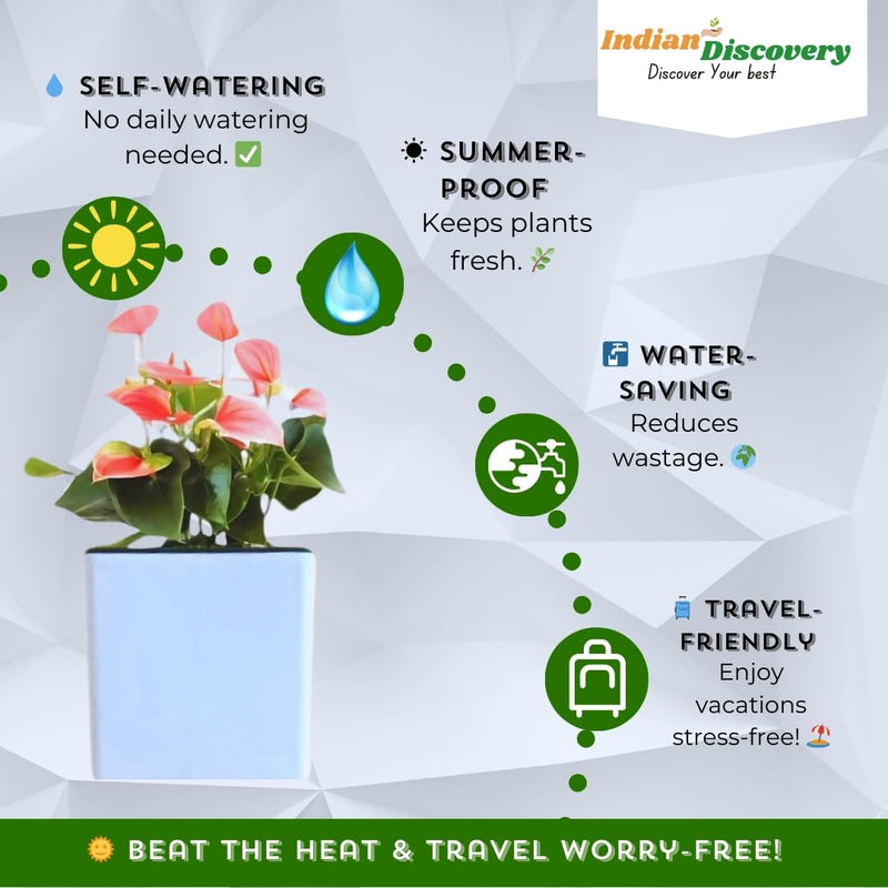 Indian Discovery Self-Watering Wall Hanging Planters (2 Pcs, White, Square) | UV-Resistant Hanging Pots with Stand | Plastic Planters for Balcony, Living Room, Home Décor & Gardening